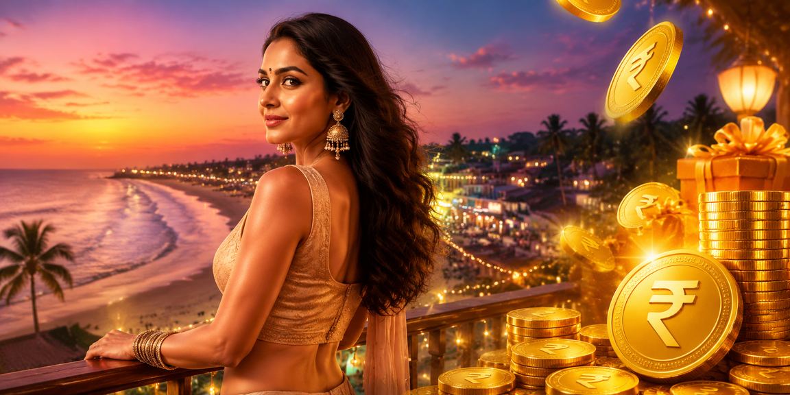 Relaxing beach scene in Goa with casino and entertainment banner