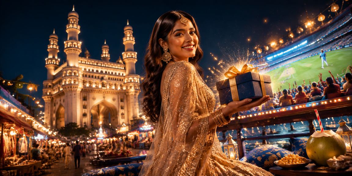 Woman using mobile app to deposit in Hyderabad with Charminar in background