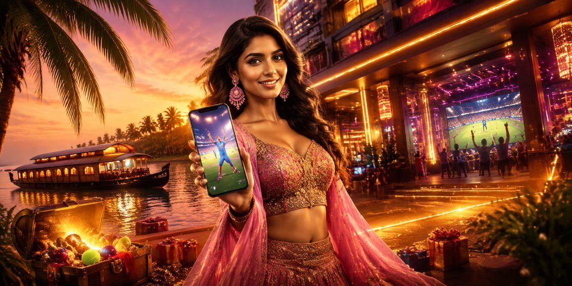 Kerala backwaters landscape with Bollywood themed casino gaming interface